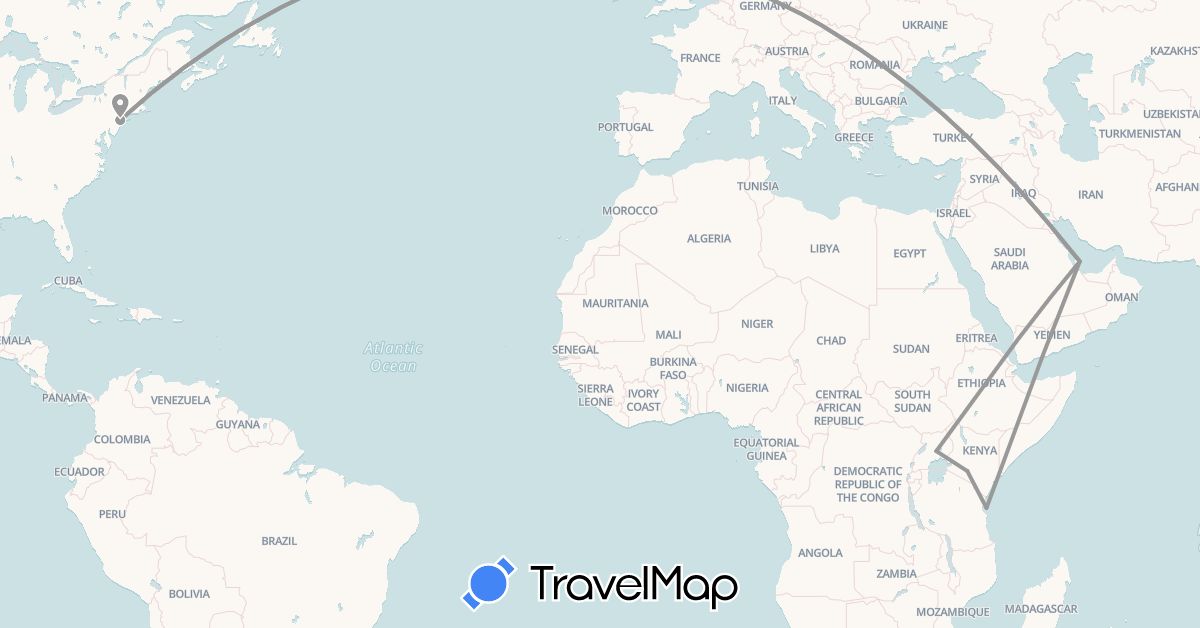 TravelMap itinerary: driving, plane in Kenya, Qatar, Rwanda, Tanzania, United States (Africa, Asia, North America)